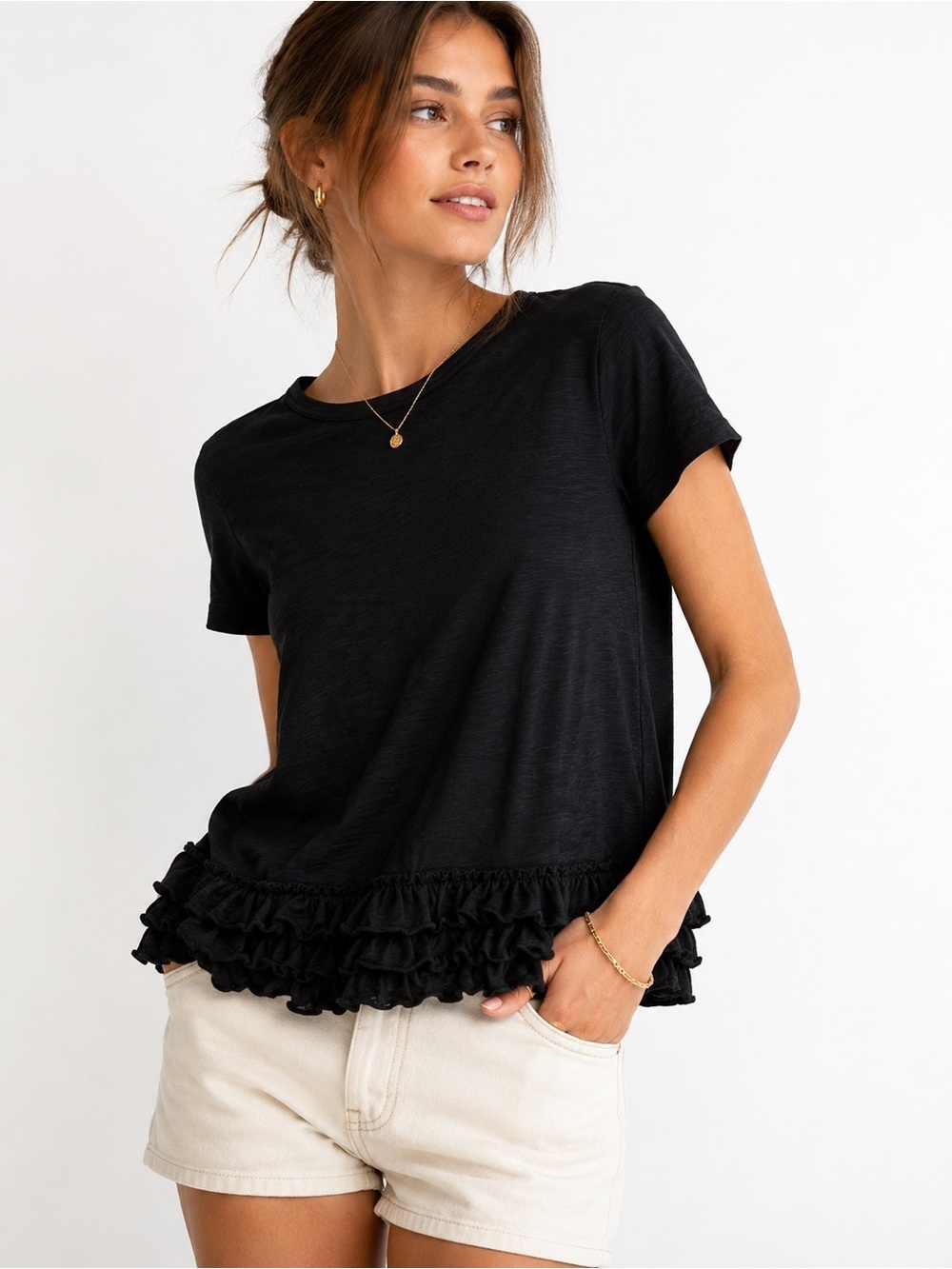 Goldie Lewinter Ruffle Hem Short Sleeve Tee Signature Slub Cotton Black S